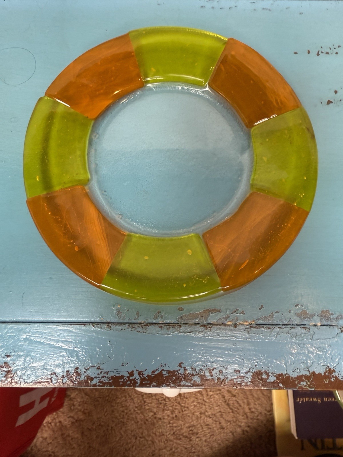HandBlown Orange And Yellow Glass Plate 6” Round Vintage