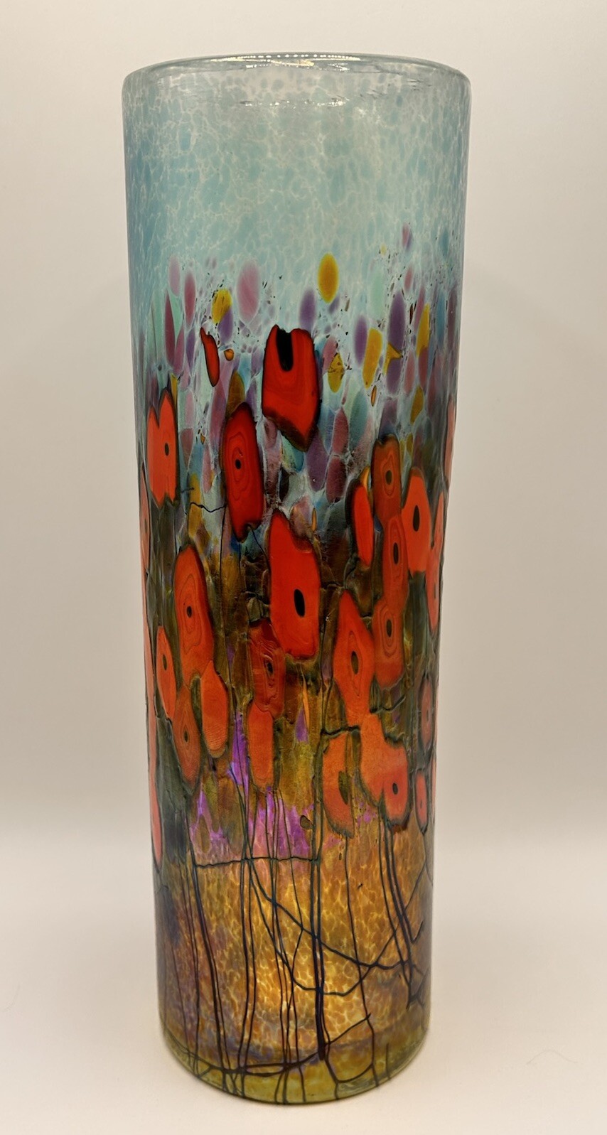 Robert Held California Poppy Cylinder Art Glass Vase Signed Approx 11”H