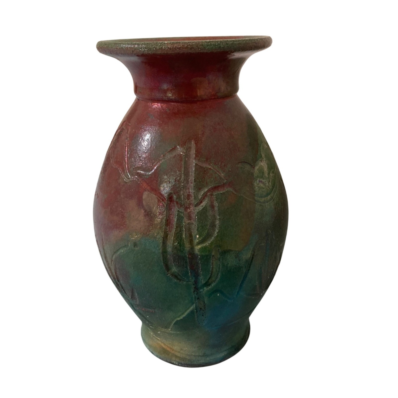 Raku Pottery Vase Southwest Desert Saguaro Cactus Design Signed