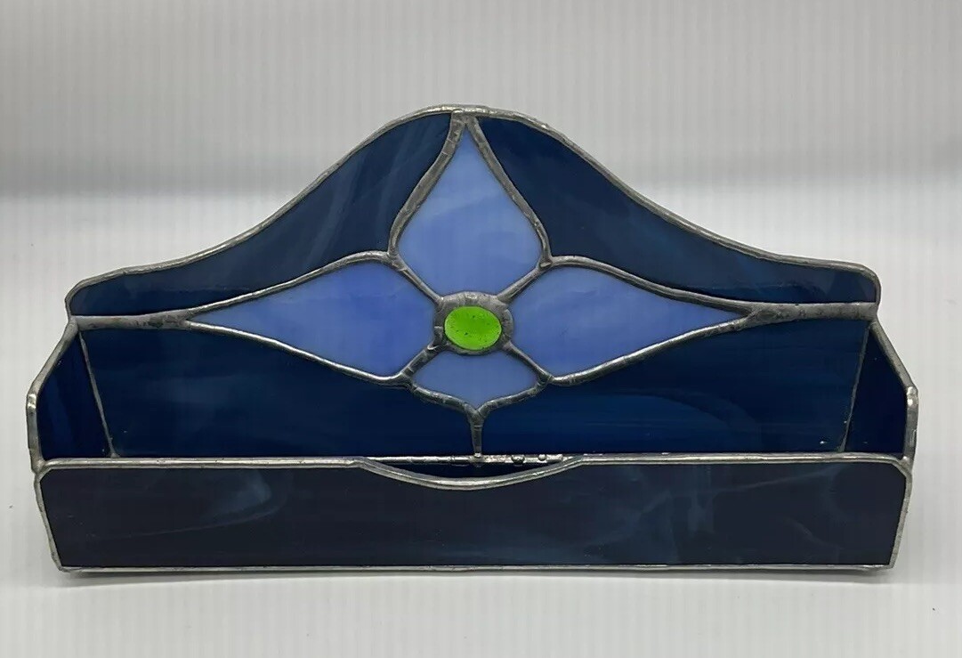 Stained Glass Blue Card Holder. Extra Long . Handmade, Vtg. Beautiful!