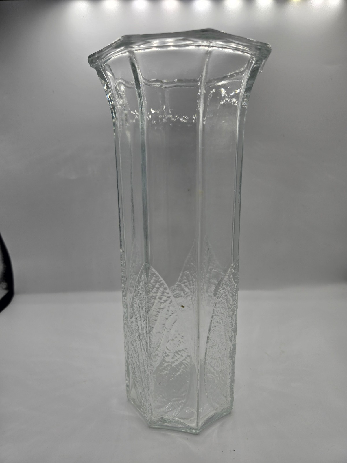 Vintage 1970’s Finland Nuutajarvi Tall Clear Glass Vase Birch Leaves