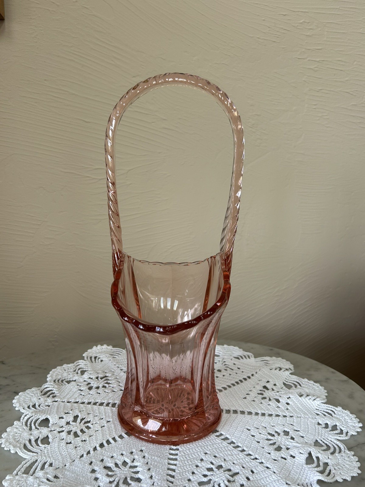 Vintage Westmoreland Large 12-1/2” Tall Pink Basket Vase With Handle