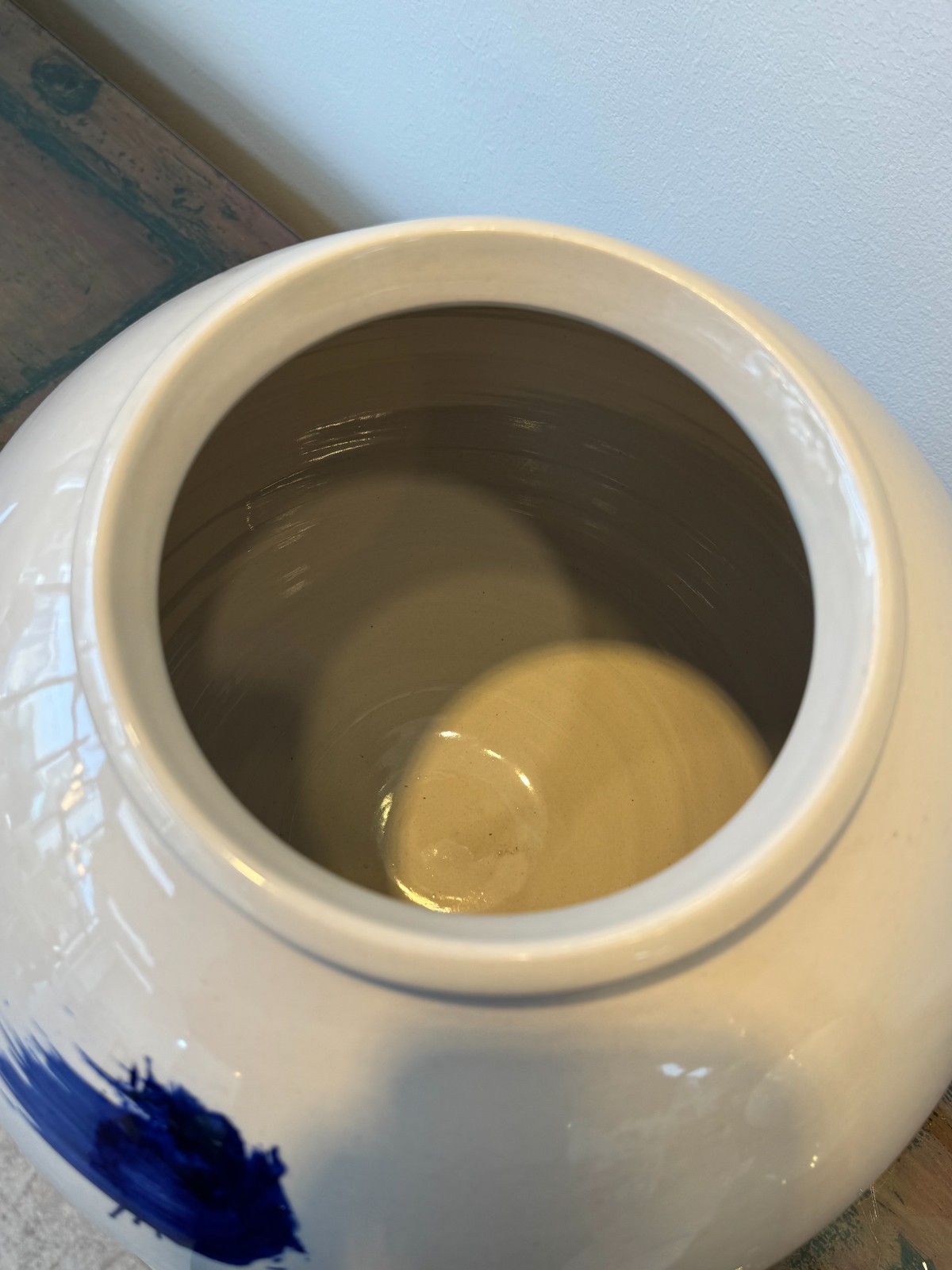 Korean Moon Jar 13″ Trinity Cobalt Brushstroke Japandi Wabi Sabi Handmade Signed