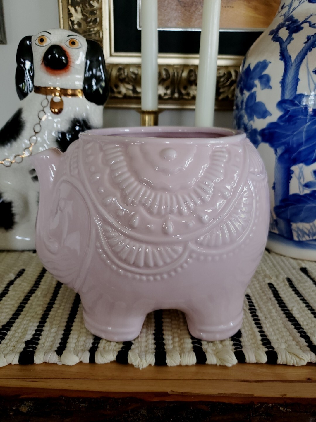 Ceramic Pink Elephant Planter Container Utensils Crock