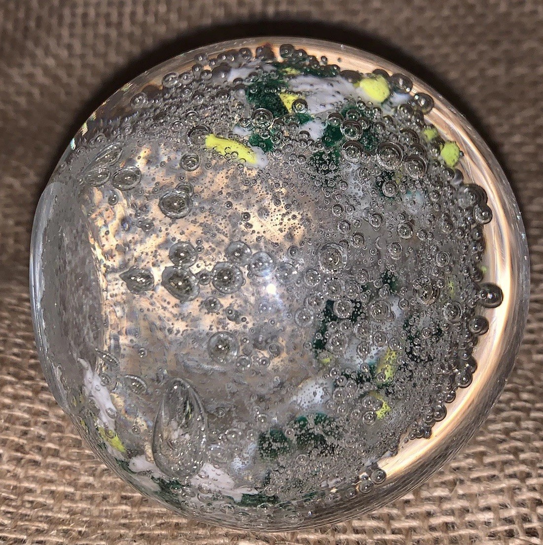 VTG Blown Glass CONTROLLED BUBBLES paperweight Yellow Green White Clear 2.75”Dia