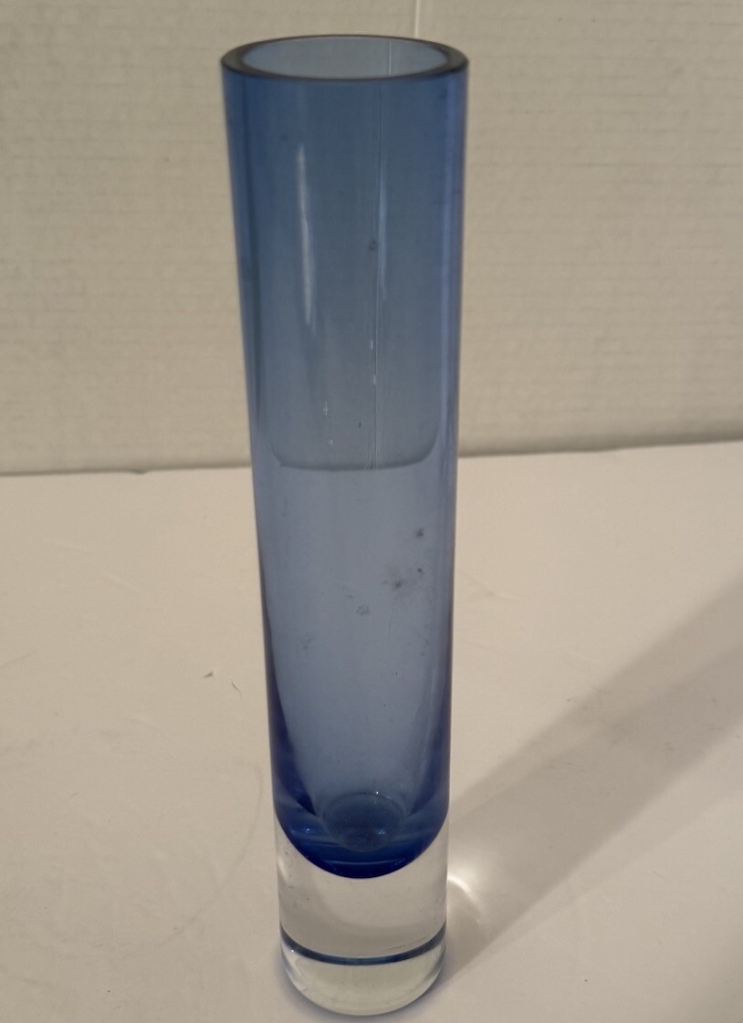 Vtg Krosno Holmegaard Style Hand Blown Smokey Cobalt Blue Cylinder Bud Vase 8.75