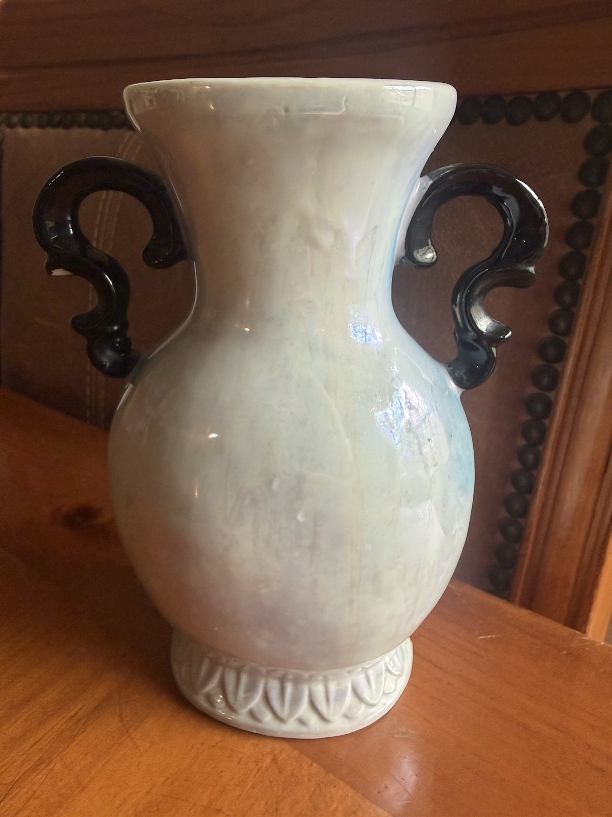 Japan Ceramic Floral Rose Vase w/ Black Handles, Blue Pink Green, 3D Glossy