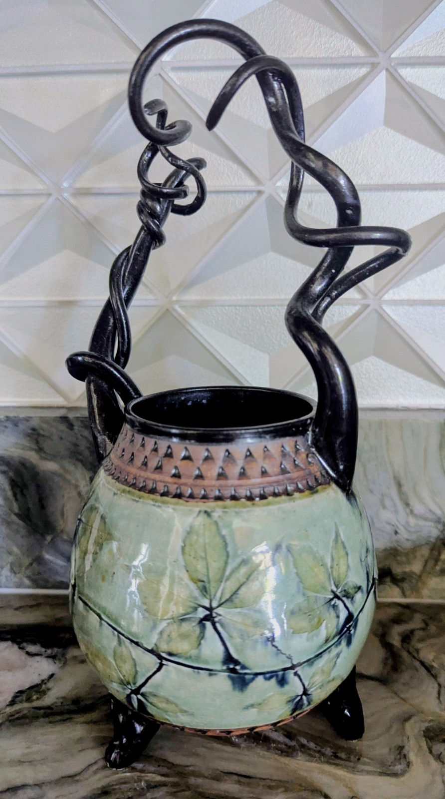 Suzanne Crane Studio Pottery Sculptural Vessel Celadon Leaf Ceramic Basket 10″