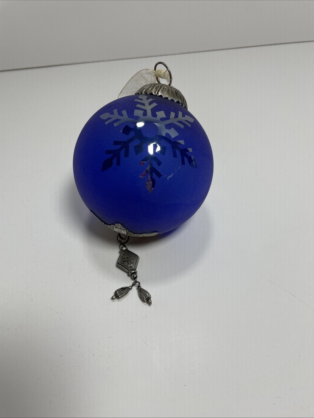 Vintage Glass Etched Christmas Ornament Cobalt Blue Snowflake Silver Pendant 4”