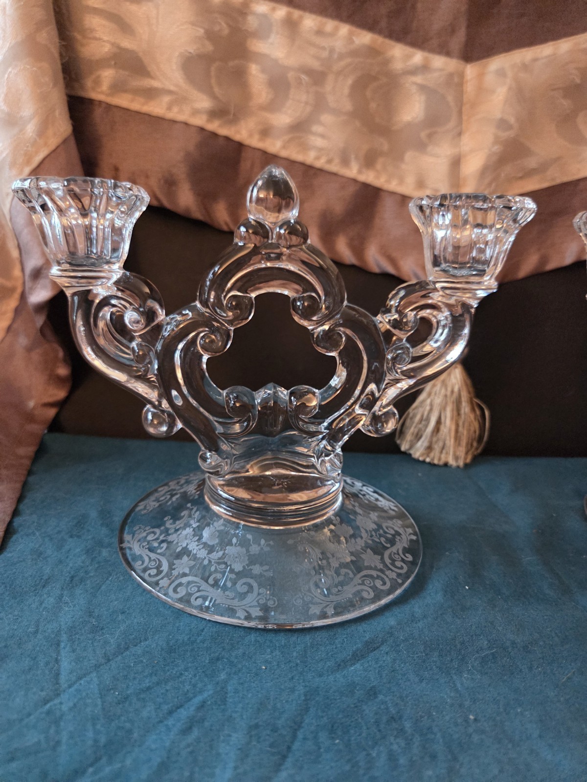 Vintage Cambridge Glass Rose Point Pristine Pair Keyhole 2-Light Candelabras 340