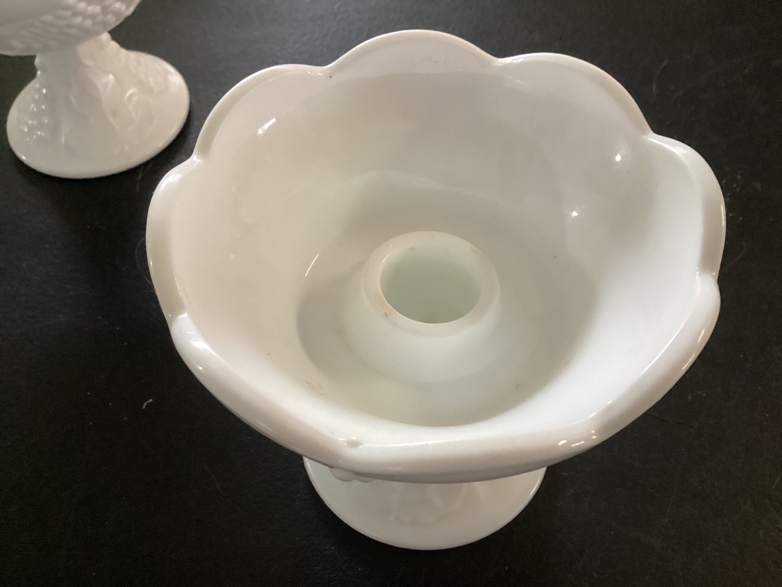 Pair of Milk glass scalloped top pedestal stick candle holder