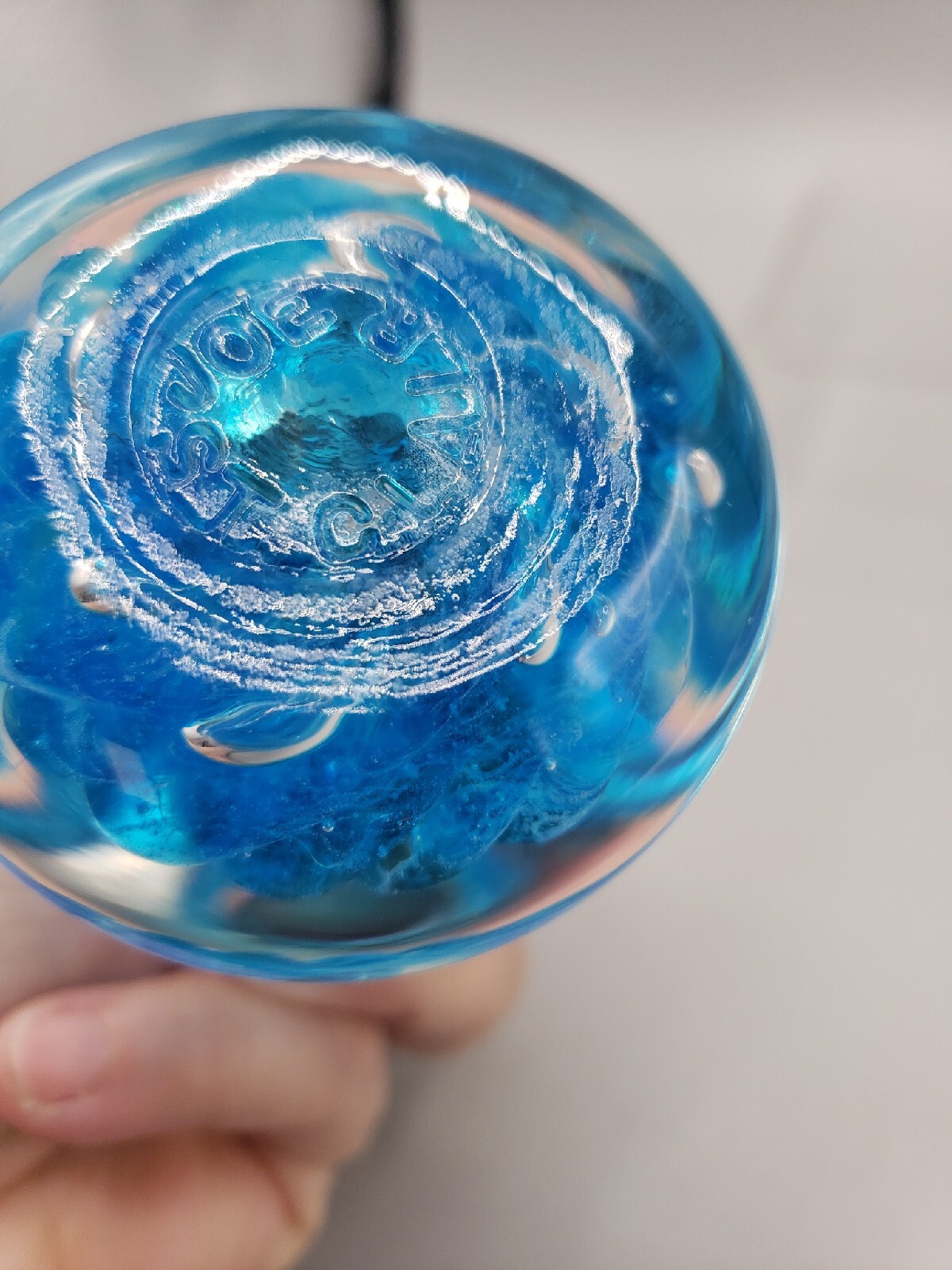 Joe Rice St. Clair Art Glass Bell Shaped Paperweight Aqua Blue Stamped