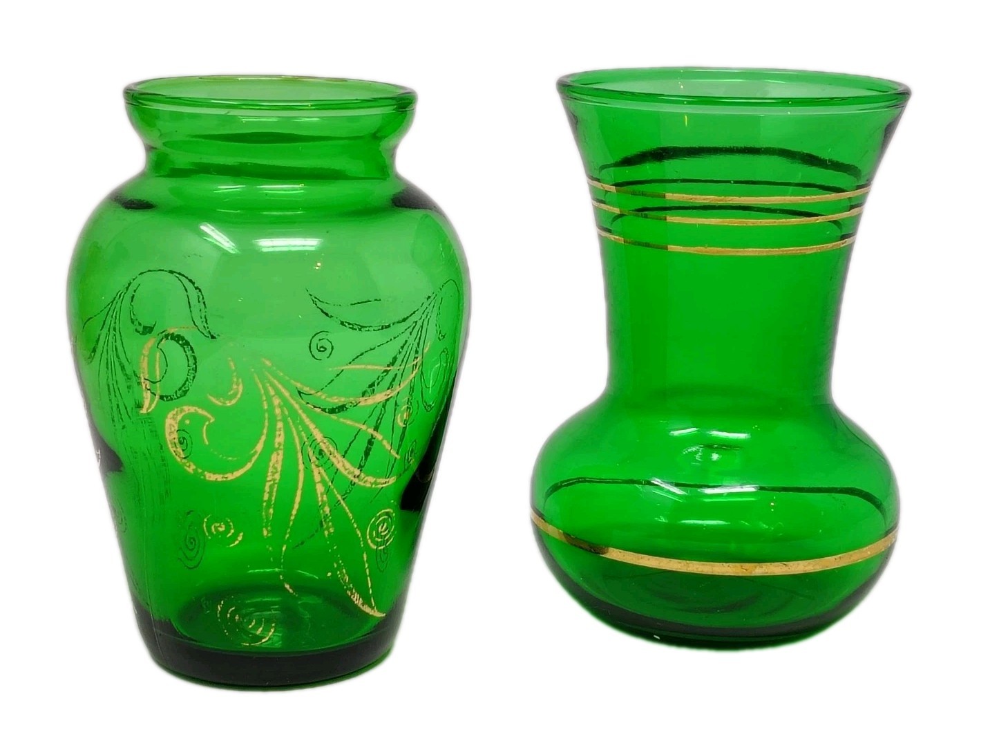 Vintage Emerald Forest Green Glass Bud Vase Hand Painted Gold Detail Mini Set 2