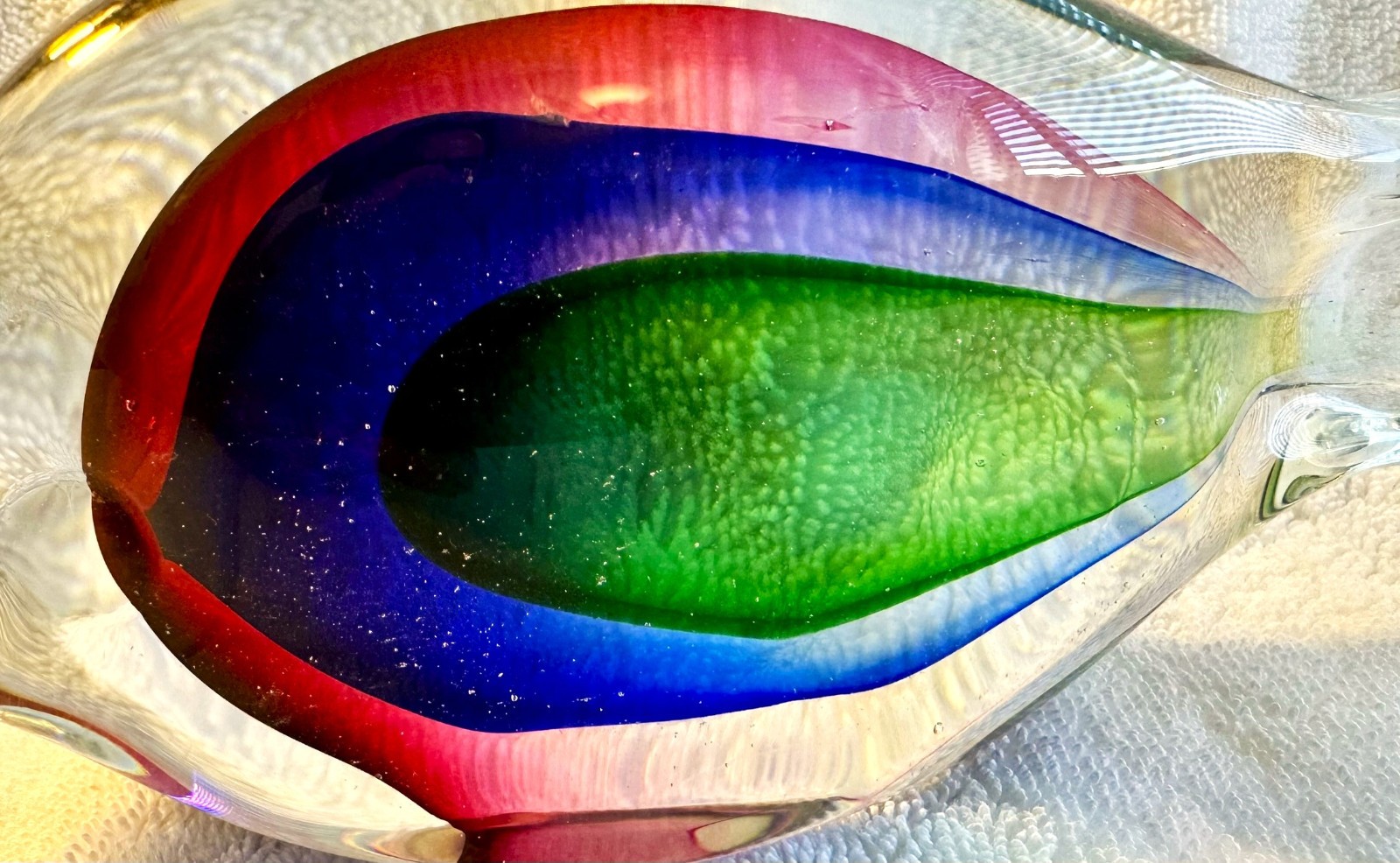 Vintage Hand Blown Sommerso Glass Murano Style Fish, Red Blue Green, 7.5″ x 3.5″