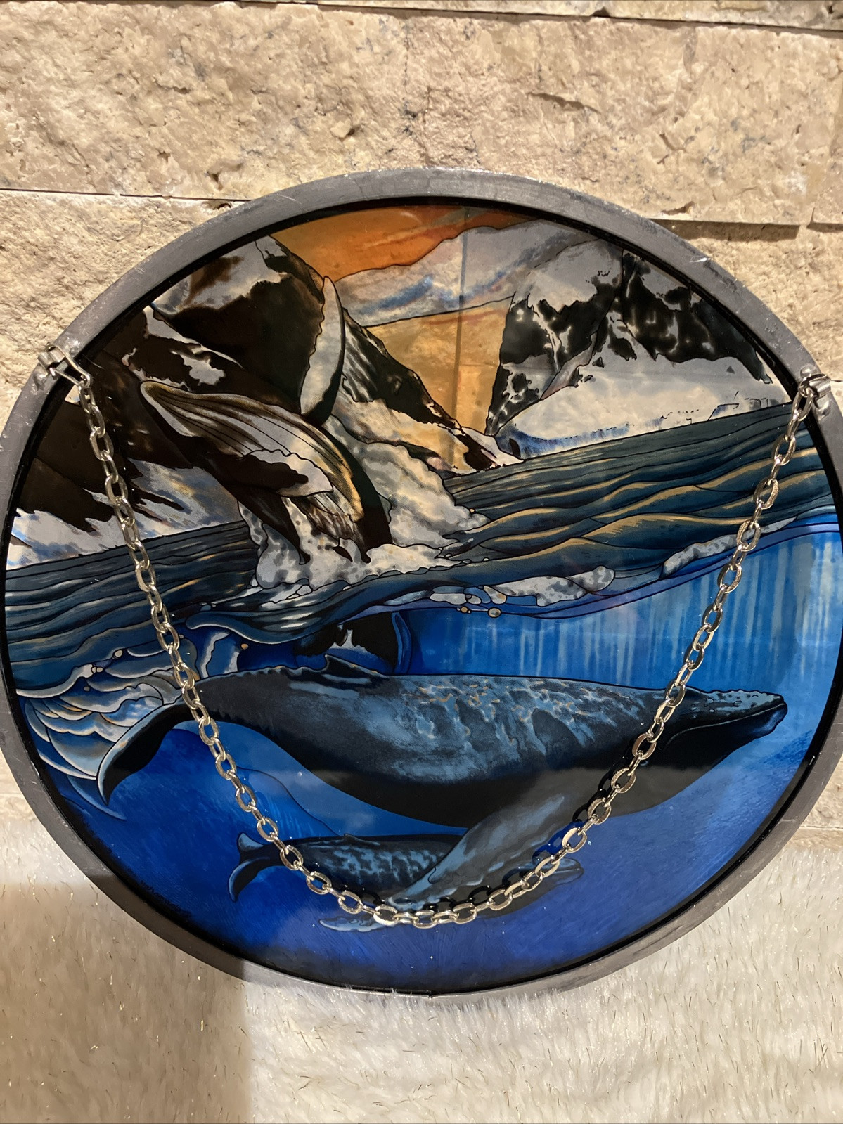 Round Hanging STAINED GLASS ART SEA SCAPE W/ WHALES SUN CATCHER 8.5”