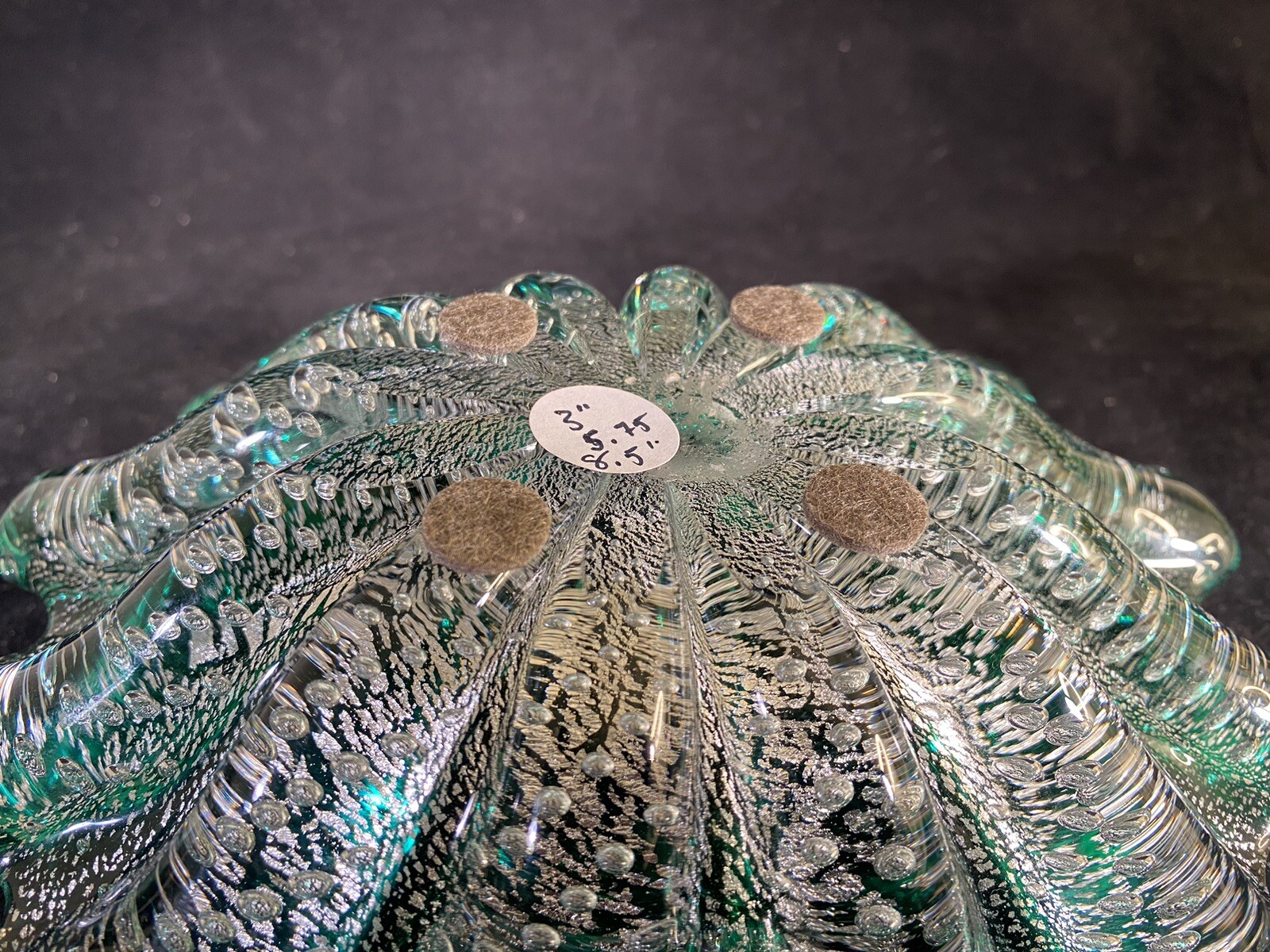 Barovier Toso Vintage Murano Glass Console Dish In Teal Green With Silver Leaf