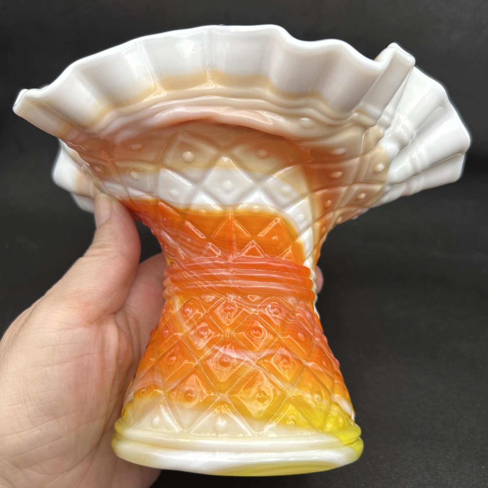 Vintage Kanawha Glass Ruffled Diamond Dot Red Orange White Slag Corset Vase