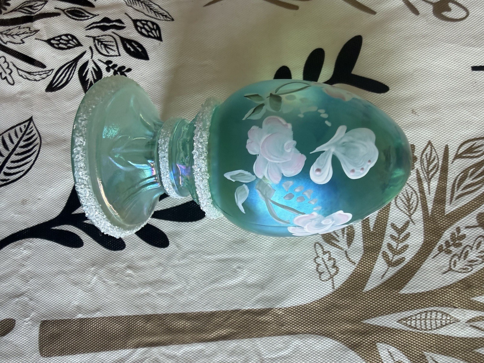 Fenton Hand Painted Iridescent Satin Glass Egg Paperweight Signed Limited E