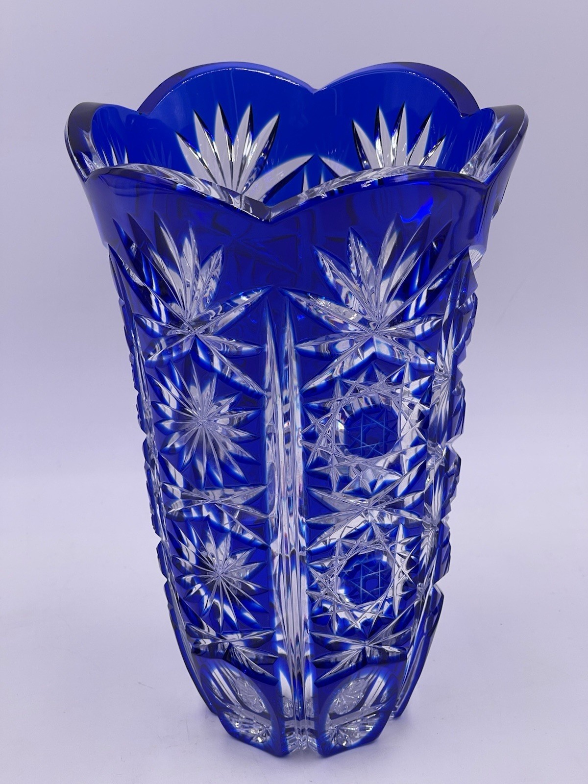 Bohemian Cobalt Cut to Clear Glass Vase Czech Blue Crystal Star Pattern 9”