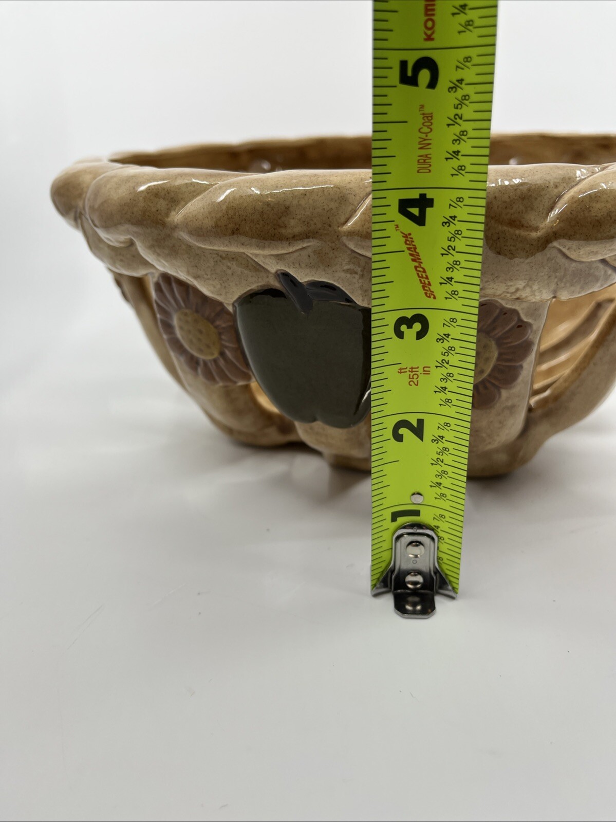Vtg 80s Ceramic Lattice Open Weave Bread Basket Bowl Green Apple Daisy 9.5” Wide