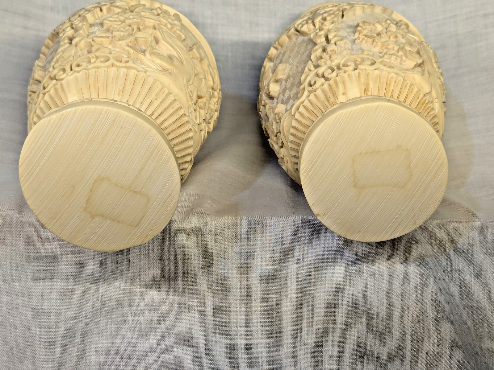 Vintage Norleans Faux Ivory Hand Carved Vase SET Made In Italy 1960’s Floral