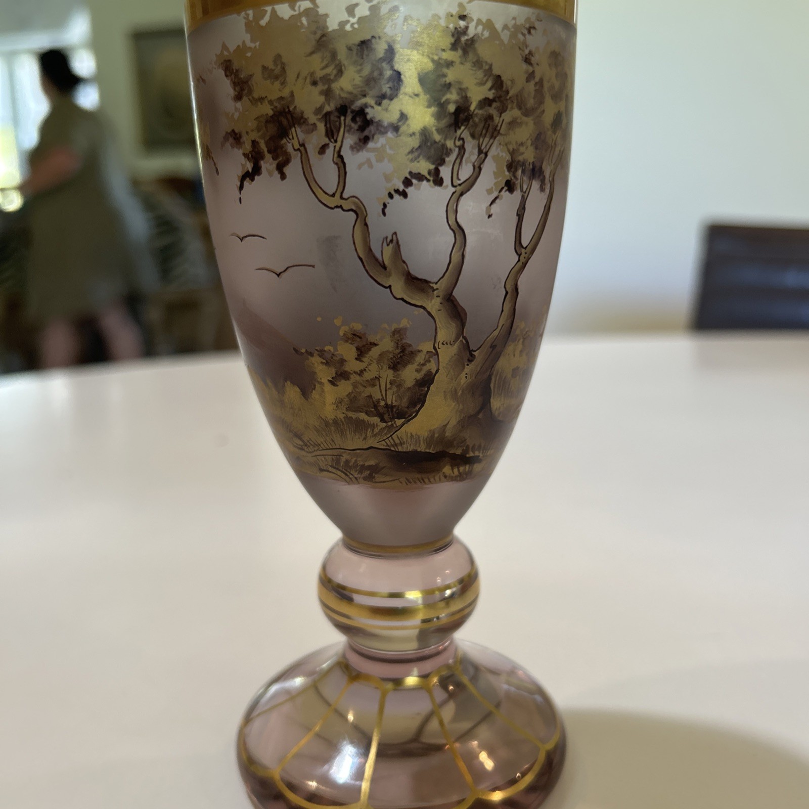 Antique Moser Gilt Glass Lilac Chalice Vase 6.25”