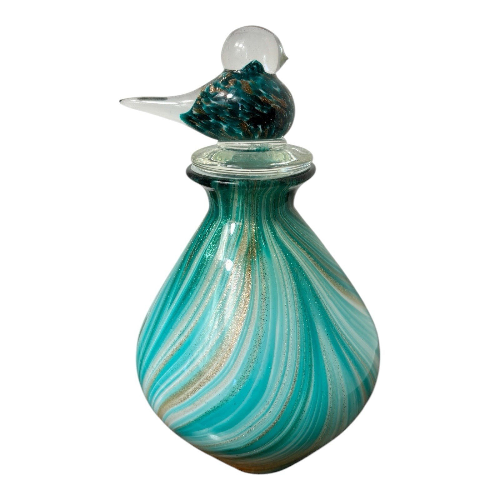 Dale Tiffany Hand Blown Art Glass Decanter Vase With Bird Stopper 9.5” Tall Rare