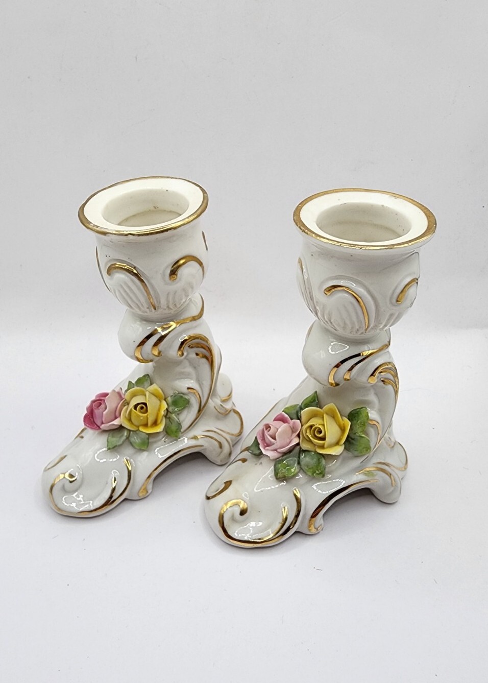 Vtg Pair of Dresden Germany Candlestick Candle Holder Pink Yellow Rose Gold Trim