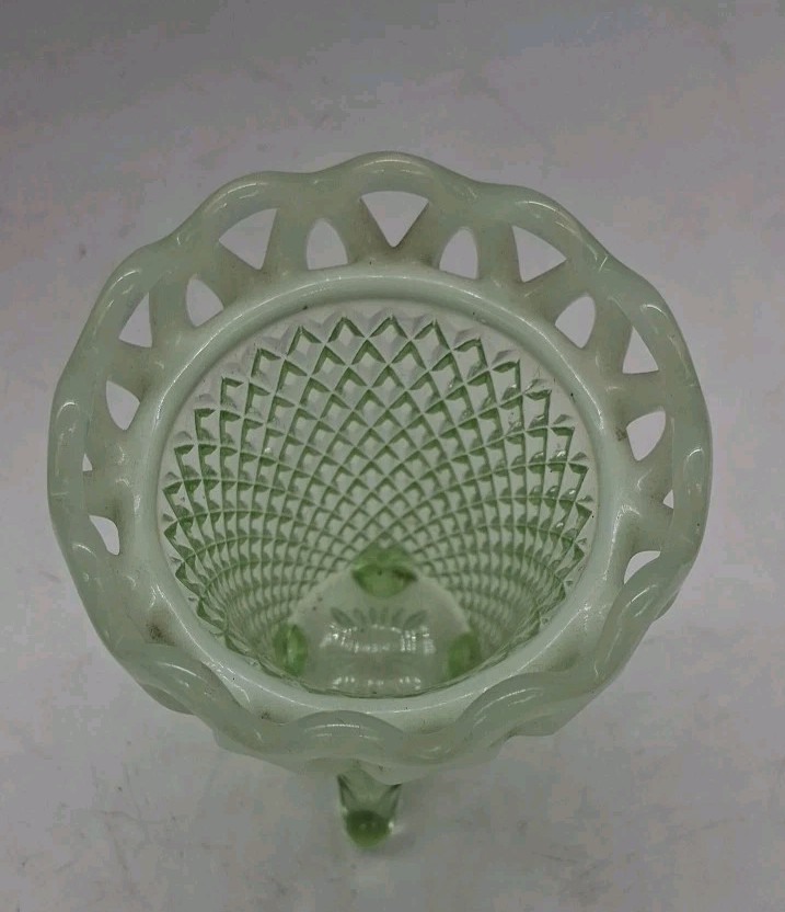 Uranium Glass Laced Edge Katy Green Diamond Point Footed Vase Vintage, 5″, & VG!