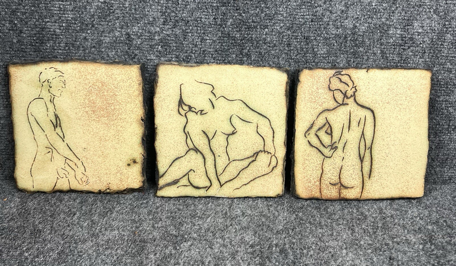 Set Of 3 Mitch Yung Signed Nude Adults Ceramic Pottery Art Tiles 6.25” X 6.25”