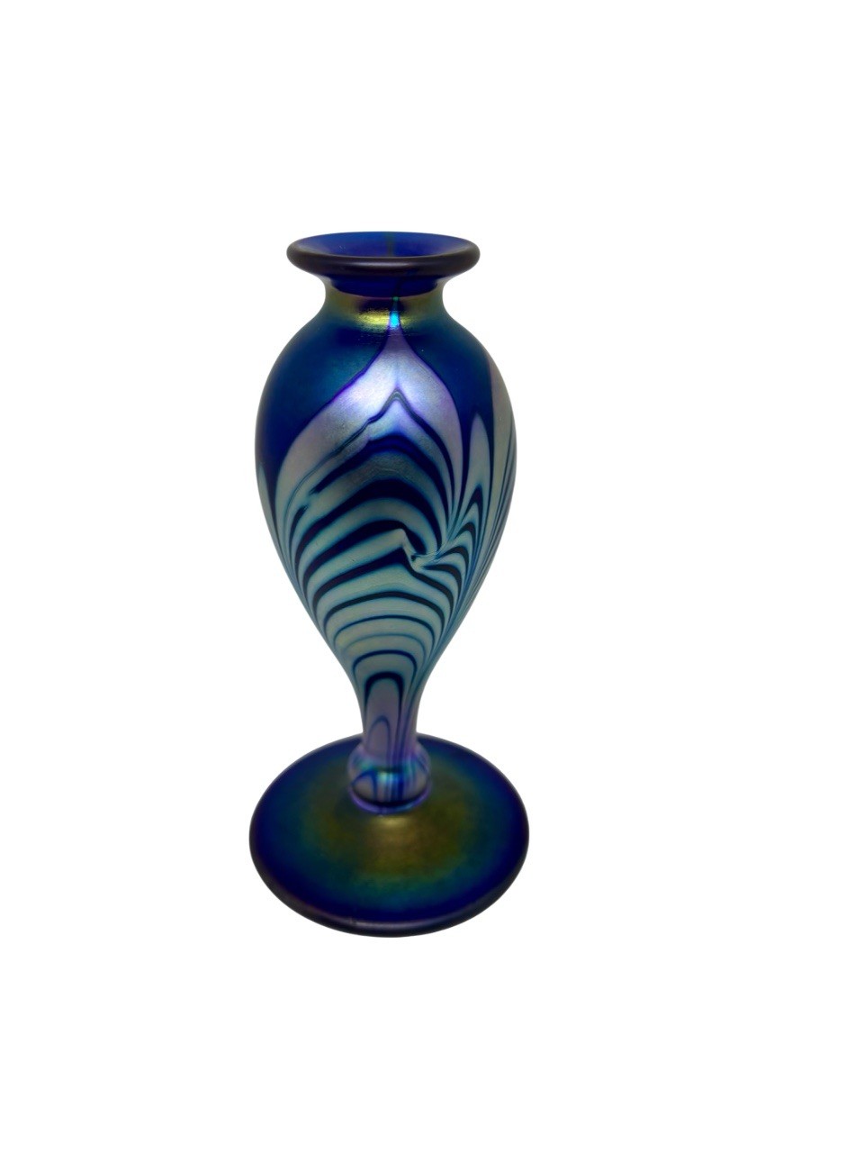 Vintage Stueben Style Pulled Feather Small Vase, Iridescent Art Glass