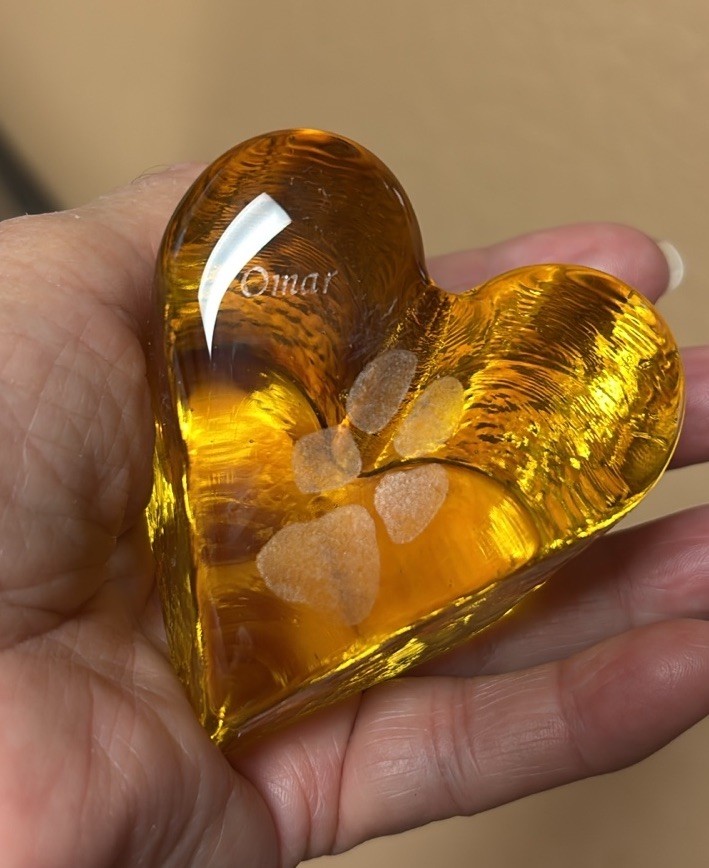 FIRE & LIGHT Citrus Yellow Recycled Glass Heart Paper Weight Etched Paw Print