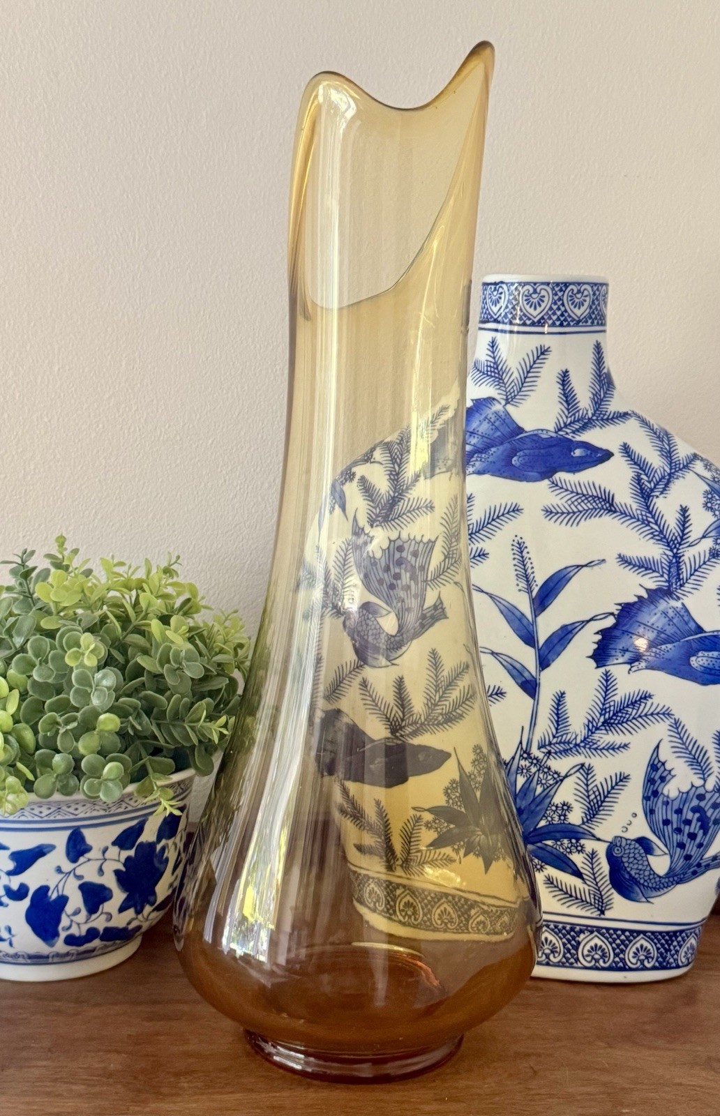 Vintage L.E. Smith Amber Smoothie Swung Glass Vase 17.5” MCM Art Glass