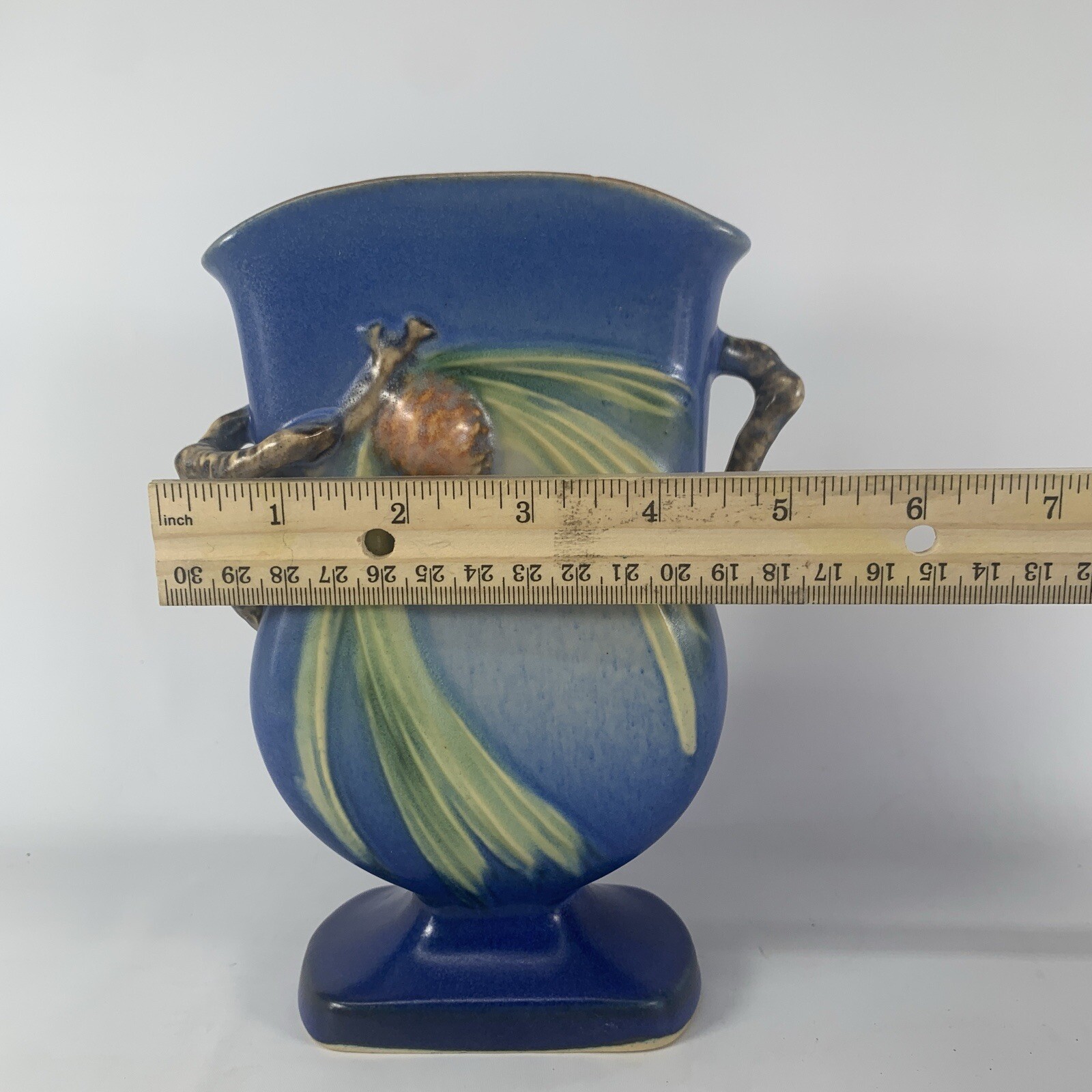 Roseville Pottery Fan Vase Blue Pinecone #121-7 Vintage