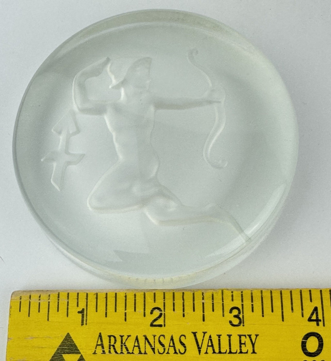 Round Glass Paperweight Sagittarius Clear and Satin Vintage Zodiac Archer Bow
