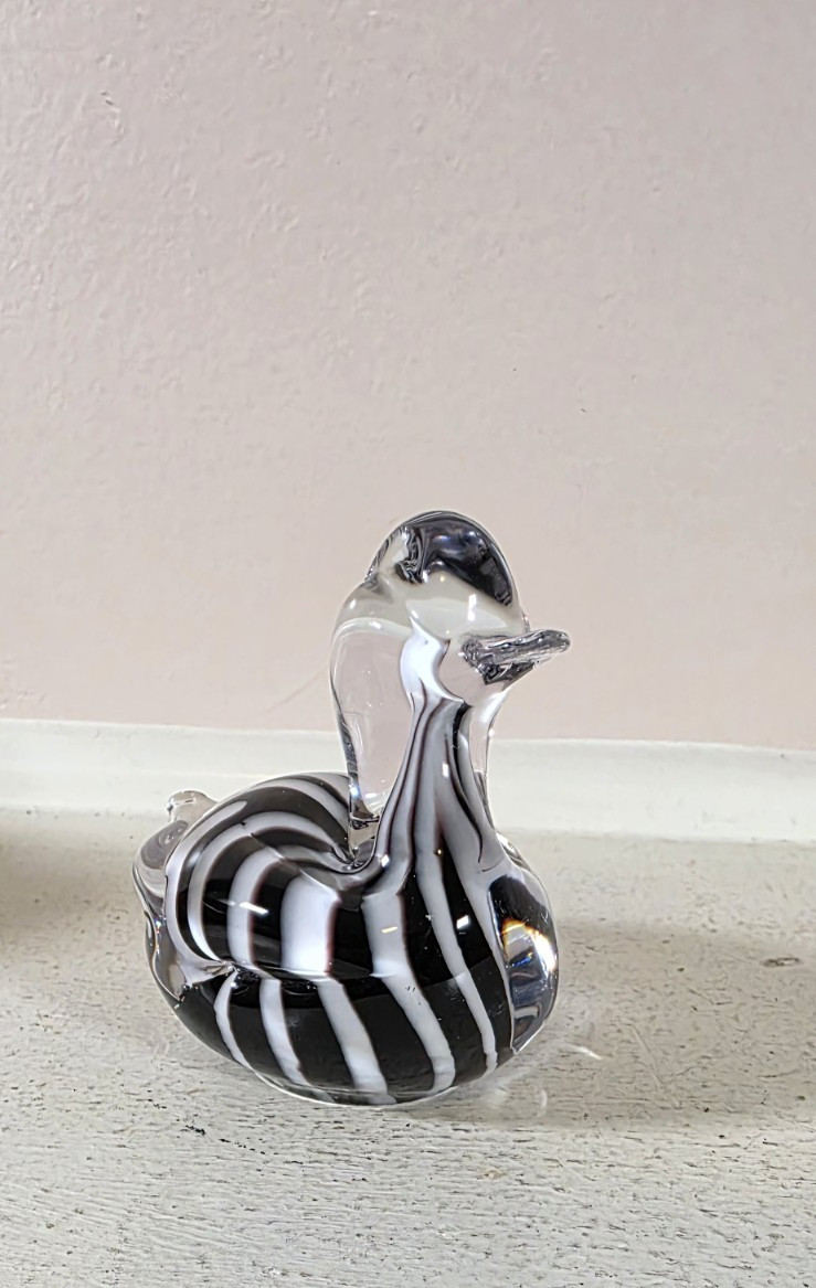 Vintage Enesco Clear Black White Swirl Hand Blown Glass Duck