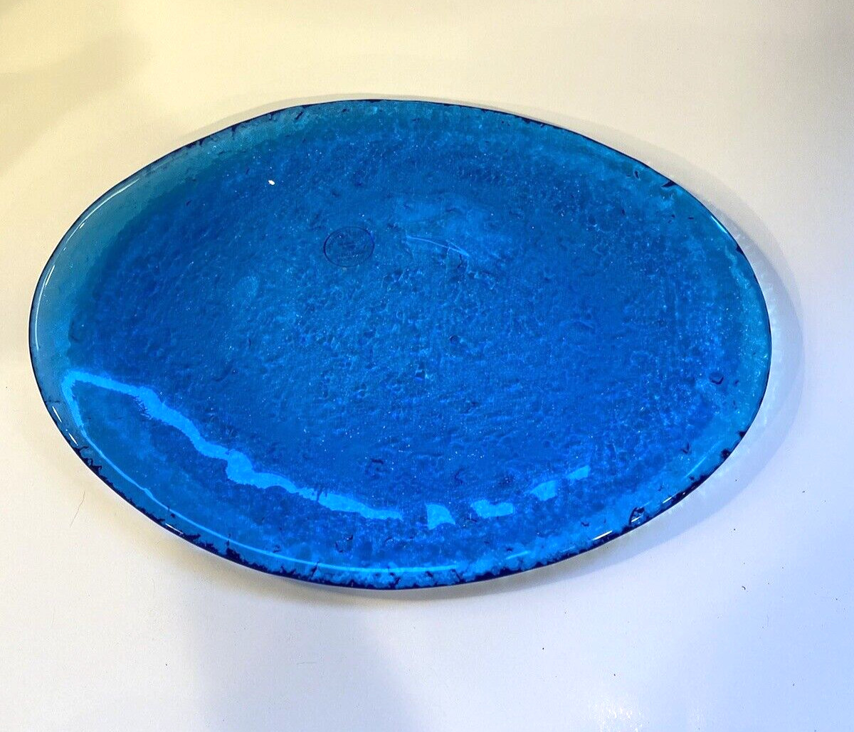 Murero Art Glass Aqua Turquoise Blue Oval Platter Plate Made In Italy 15 Inch