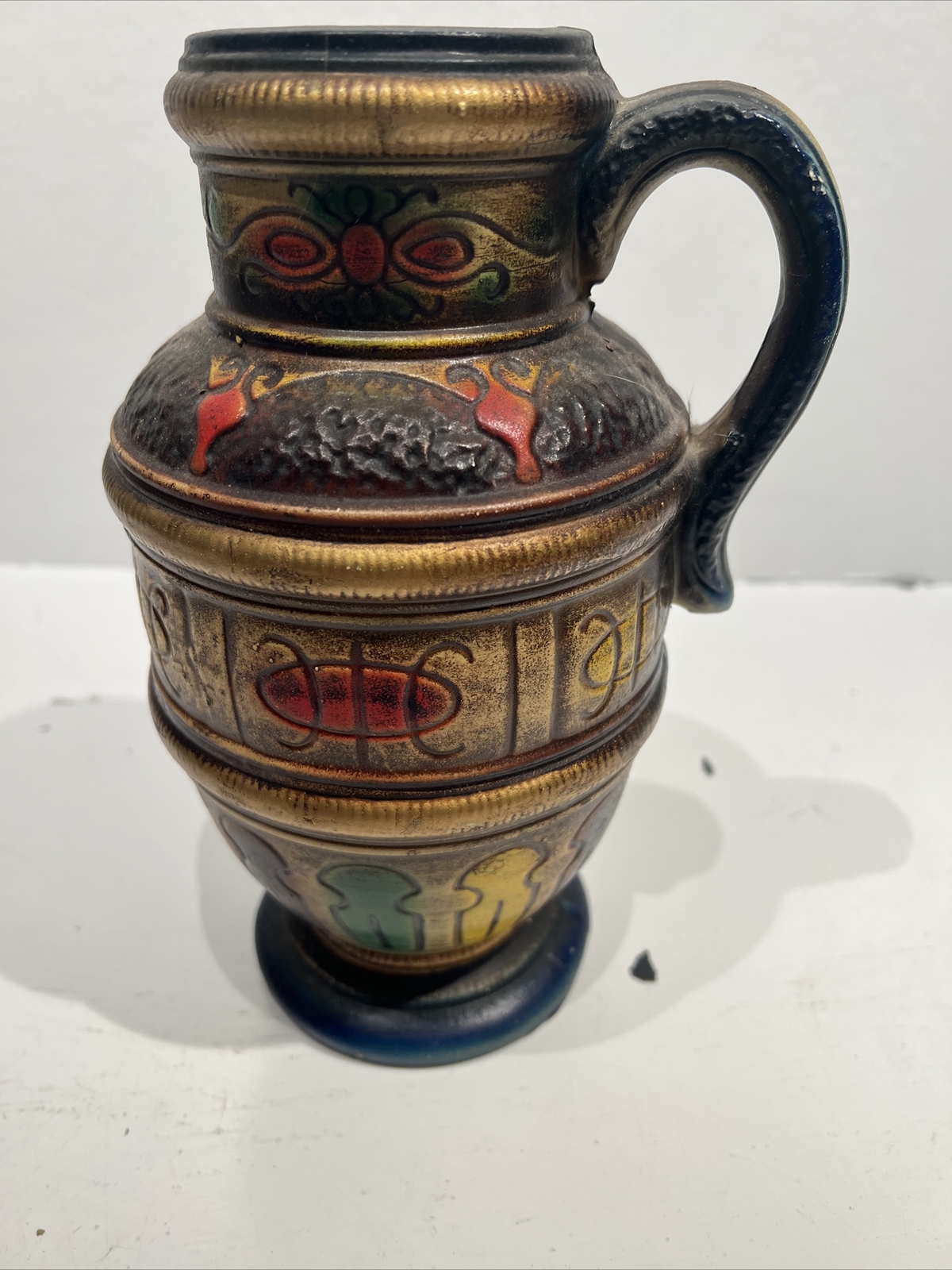 Vtg. 9″ Norleans Japan Metal Handled Vase, Brown Base Multicolor Accents, Used