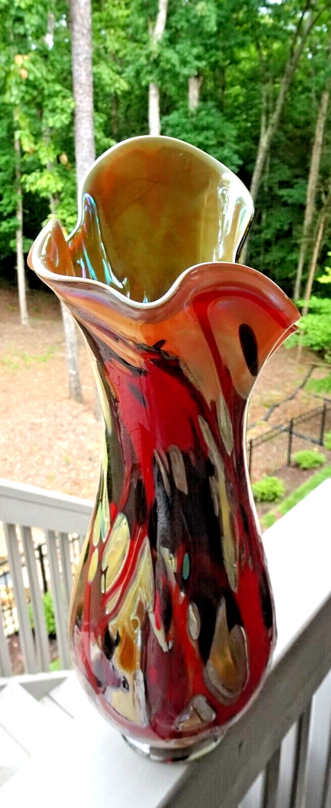 Signed Sy Dowling 14.5″ Freeform Studio Art Glass “Flambe” Vase 2014