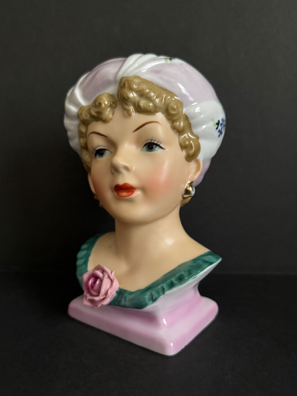 VINTAGE LADY HEAD VASE UCAGCO WITH TURBAN ON PEDESTAL 6.5”