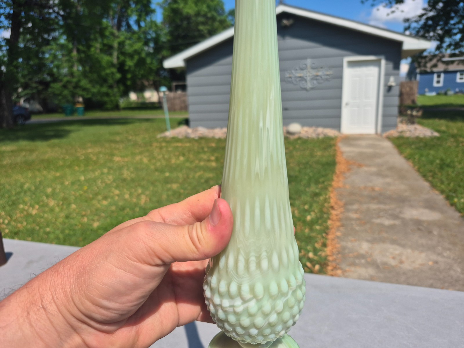 Rare Slender 15.5” – Fenton / Kanawha Hobnail Swung Vaseline Glass Vase