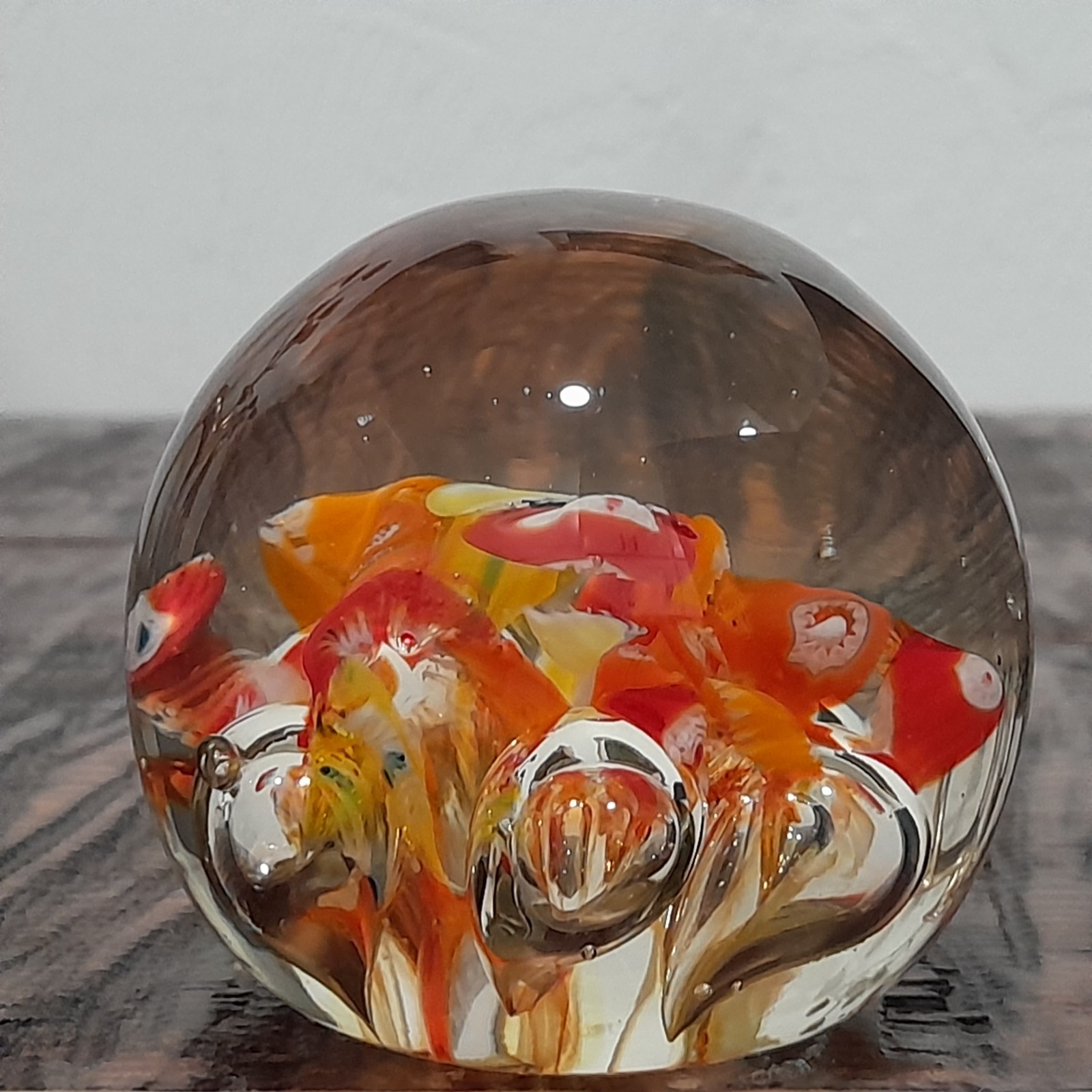 Art Glass Paperweight Round Floral Orange Yellow Red Bubbles 13oz Japan