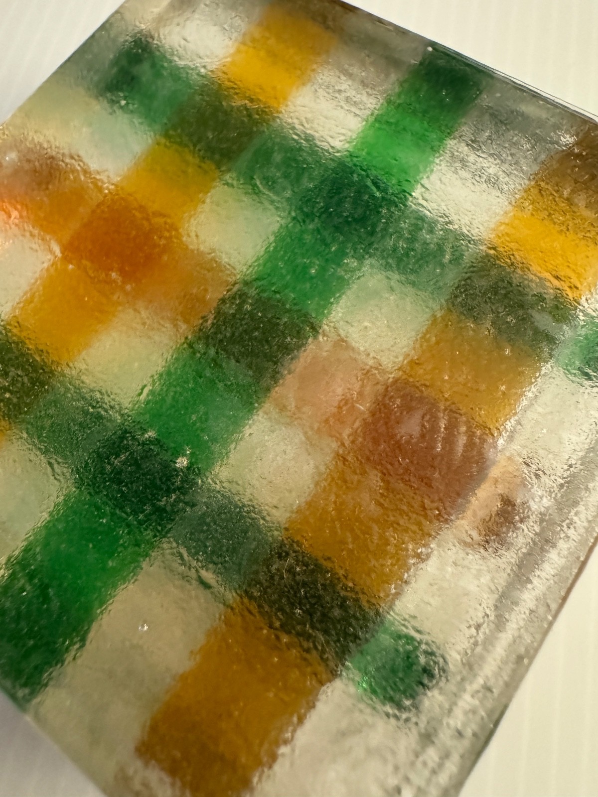 Hand Made Fused Glass Green & Orange Plaid Paperweight 10 Layers Thick 3″x1″