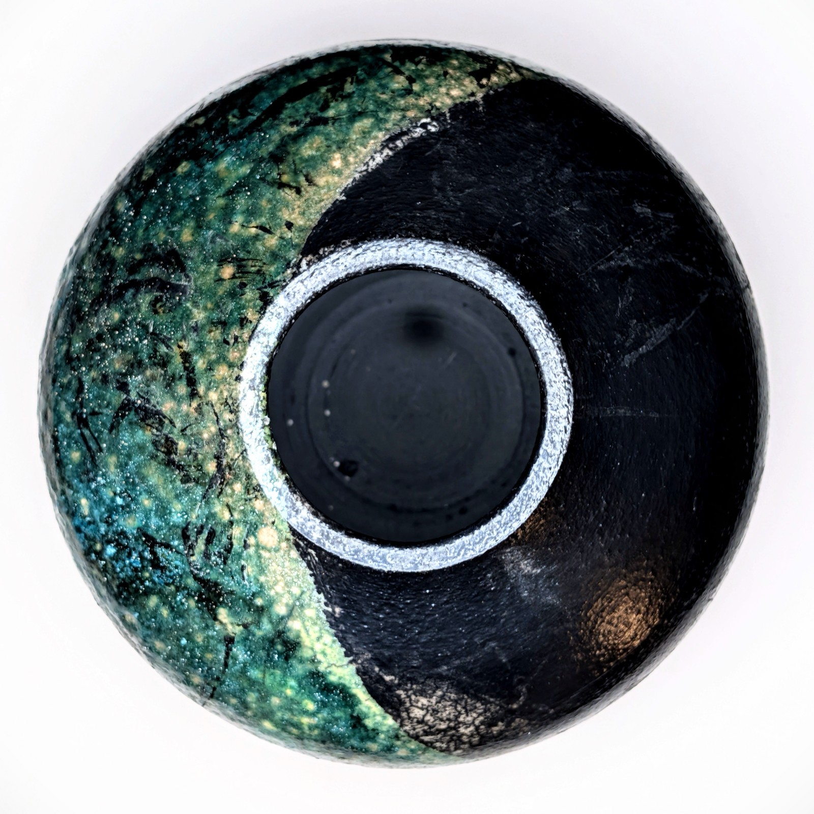 Raku Solar Eclipse Ellipse Vessel Split Glaze Metallic Matte Black Moss Green
