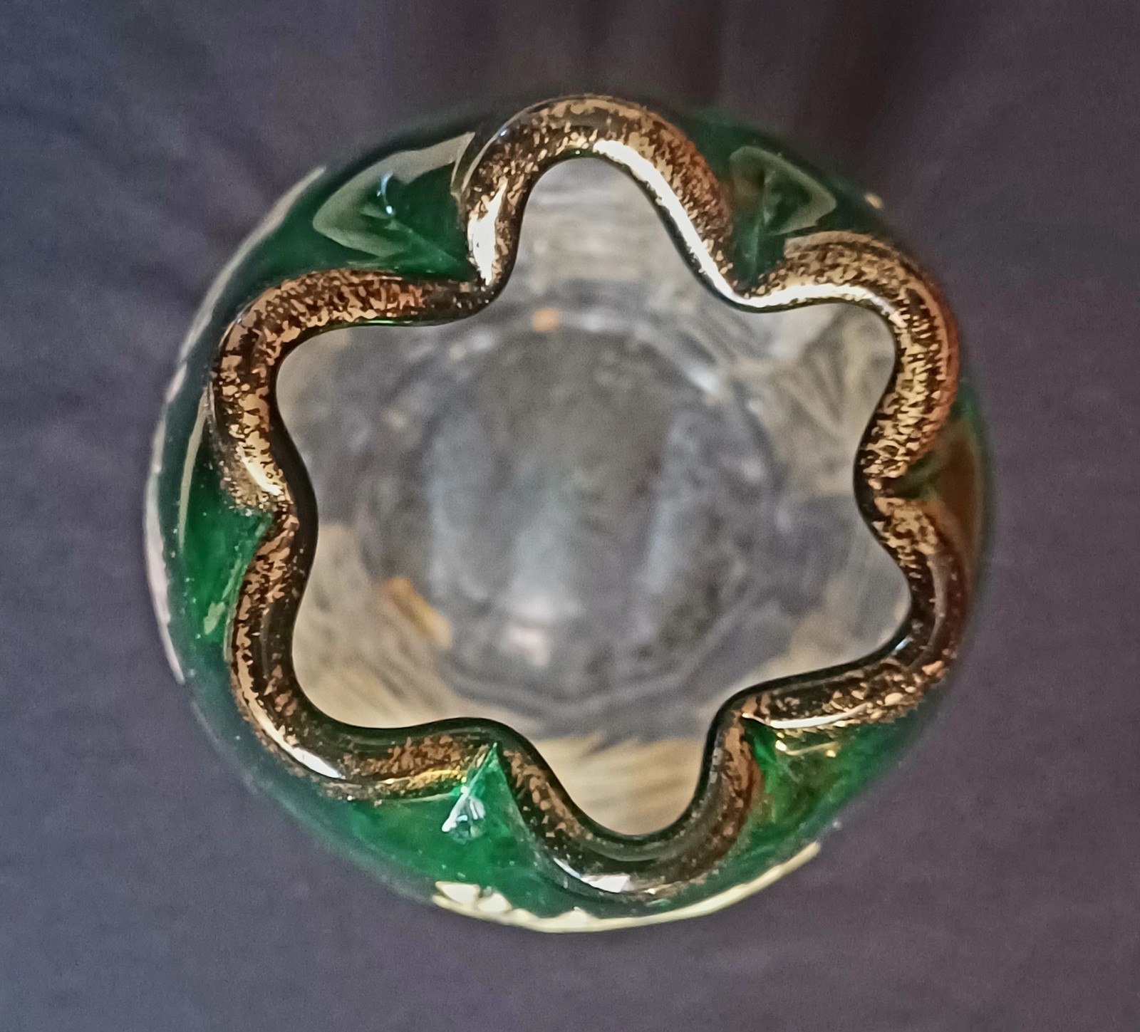 Antique Mont Joye / Legras Art Nouveau Enameled Green Glass Chrysanthemum Vase