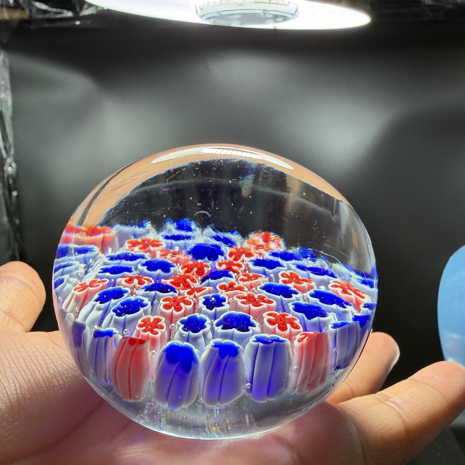 Vintage Millefiori Art Glass Paperweight Red White Blue Floral Canes Venetian