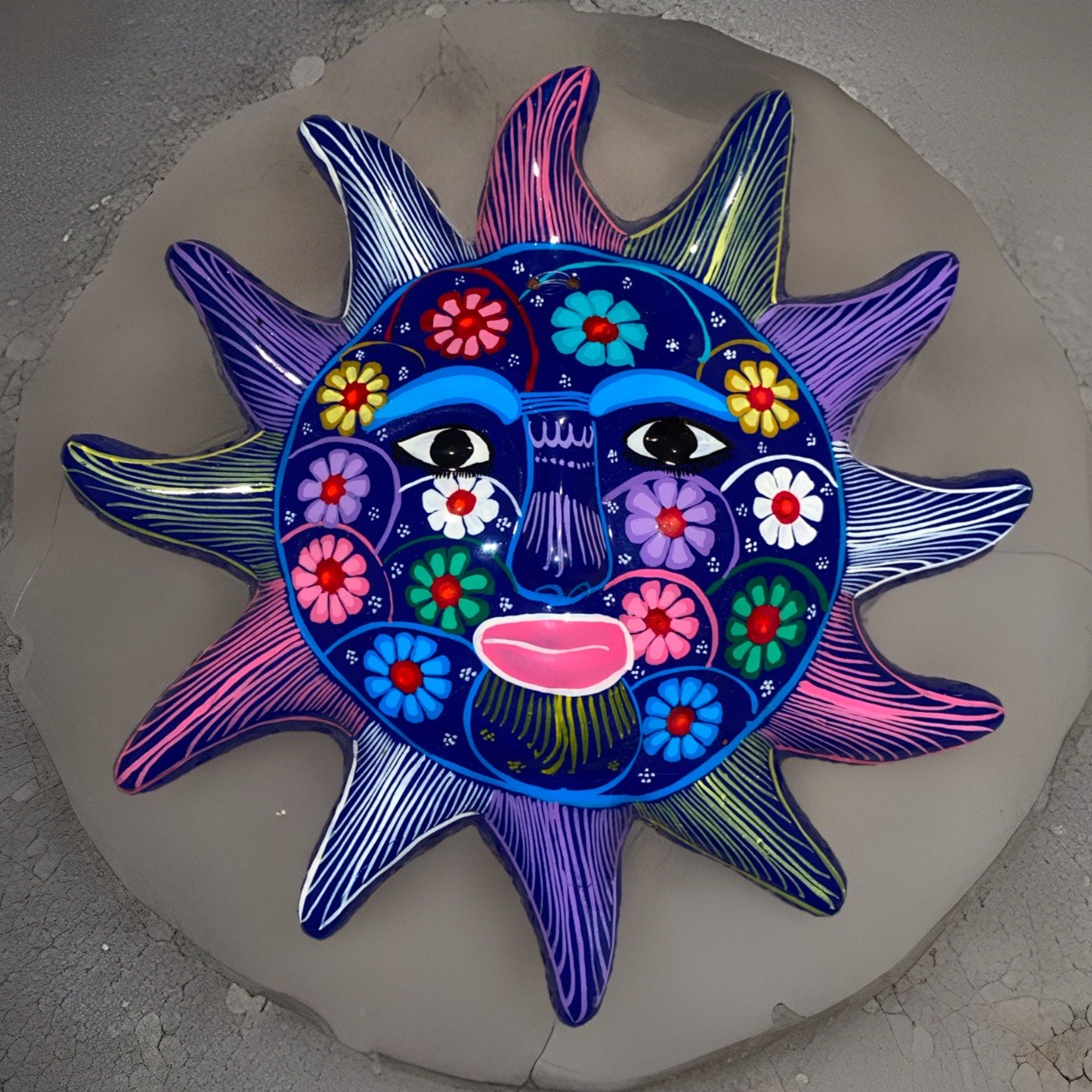 Mexican Sun Purple Glossy Art Ceramic Pottery Hand Painted 9 In Wide