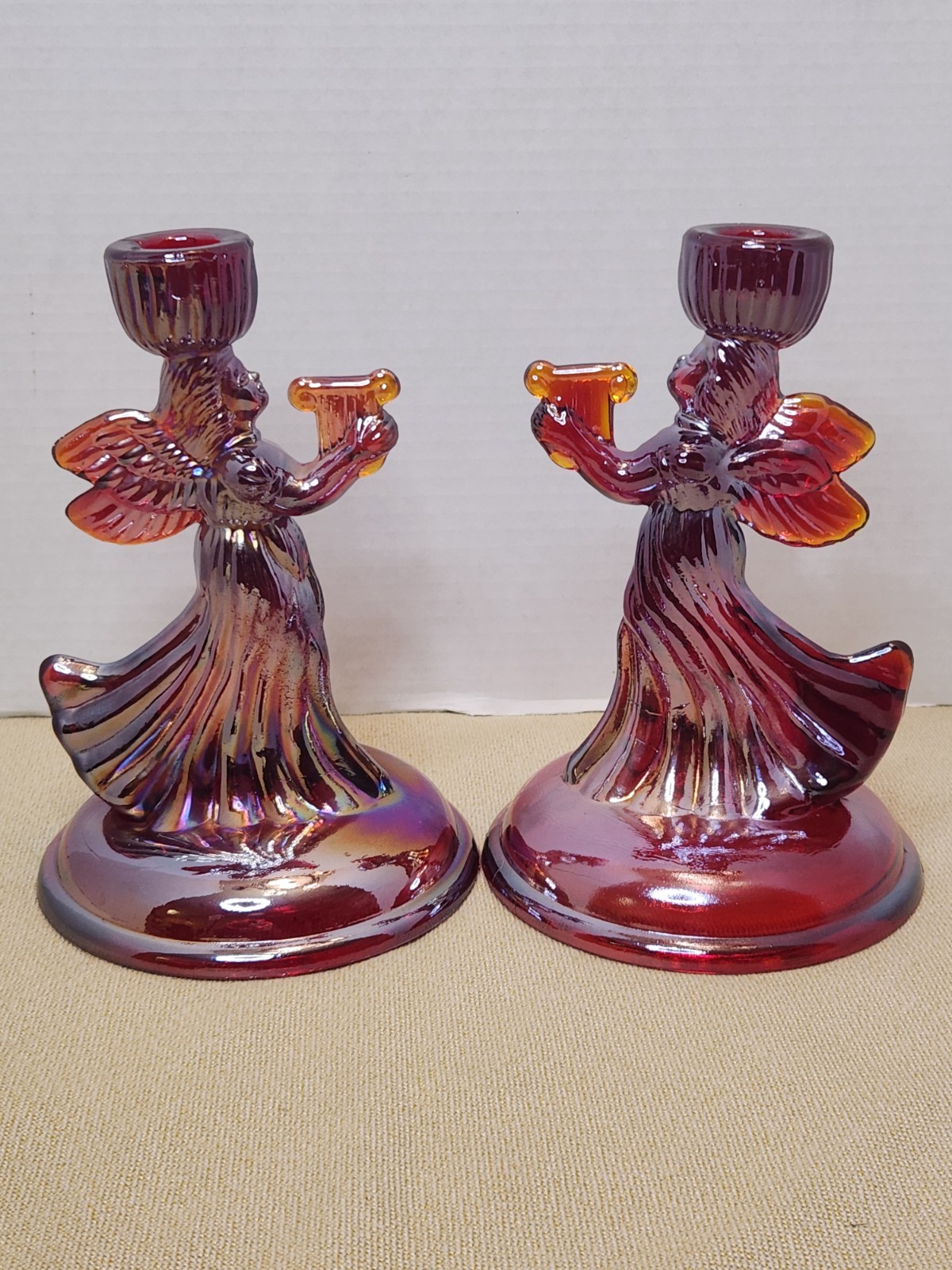 Pair Of Red Carnival Glass Angel Candle Holders Glows Orange Under Blacklight