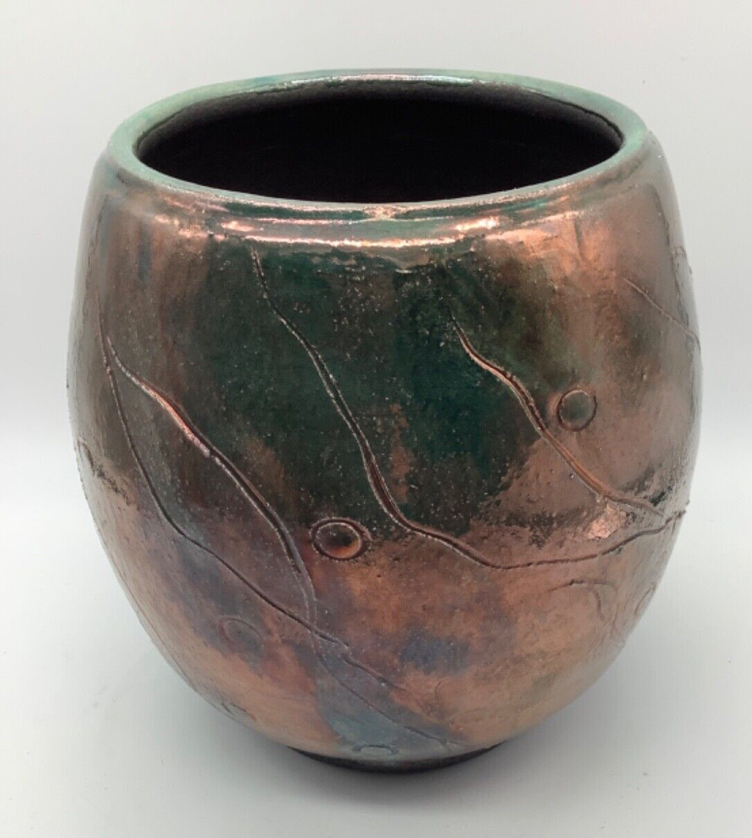 Art Pottery Vase Metallic Copper Luster Iridescent Glaze Green, 6”