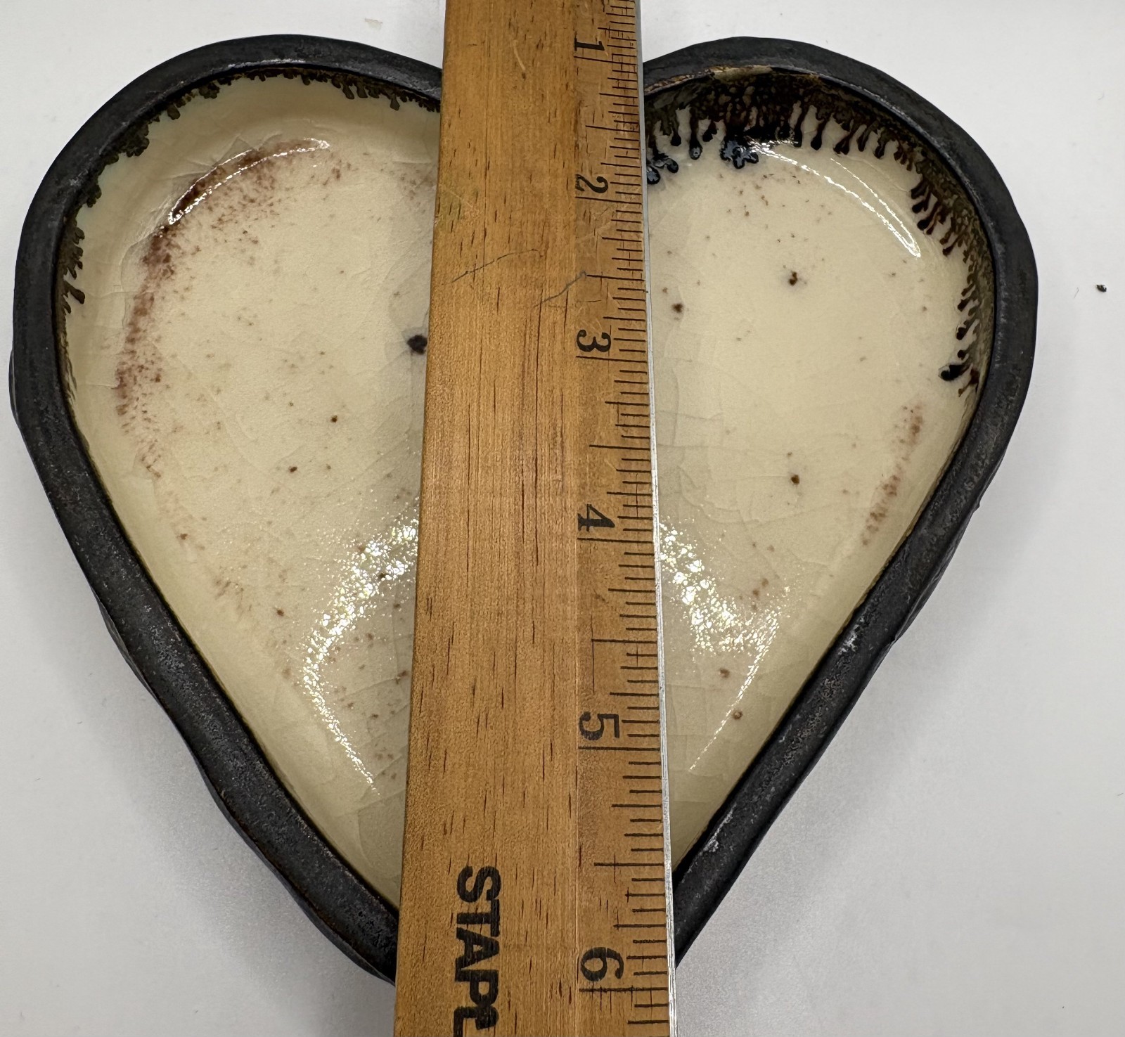 Heart, 5 1/2 X 5 1/2 inches, 1 inch deep,black and white, ceramic, crackle glaze